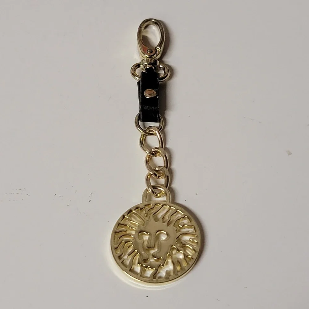 Anne Klein Lion Purse Charm Keychain Goldtone Metal Logo Leather Strap Clip